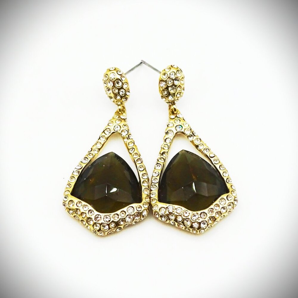 ALEXIS BITTAR Yellow Gold Plated Faceted Brown & Clear CZ Pave Dangle Earrings - Picture 3 of 8